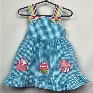 Emily Rose blue and white searsucker gingham cupcake appliqué Birthday dress